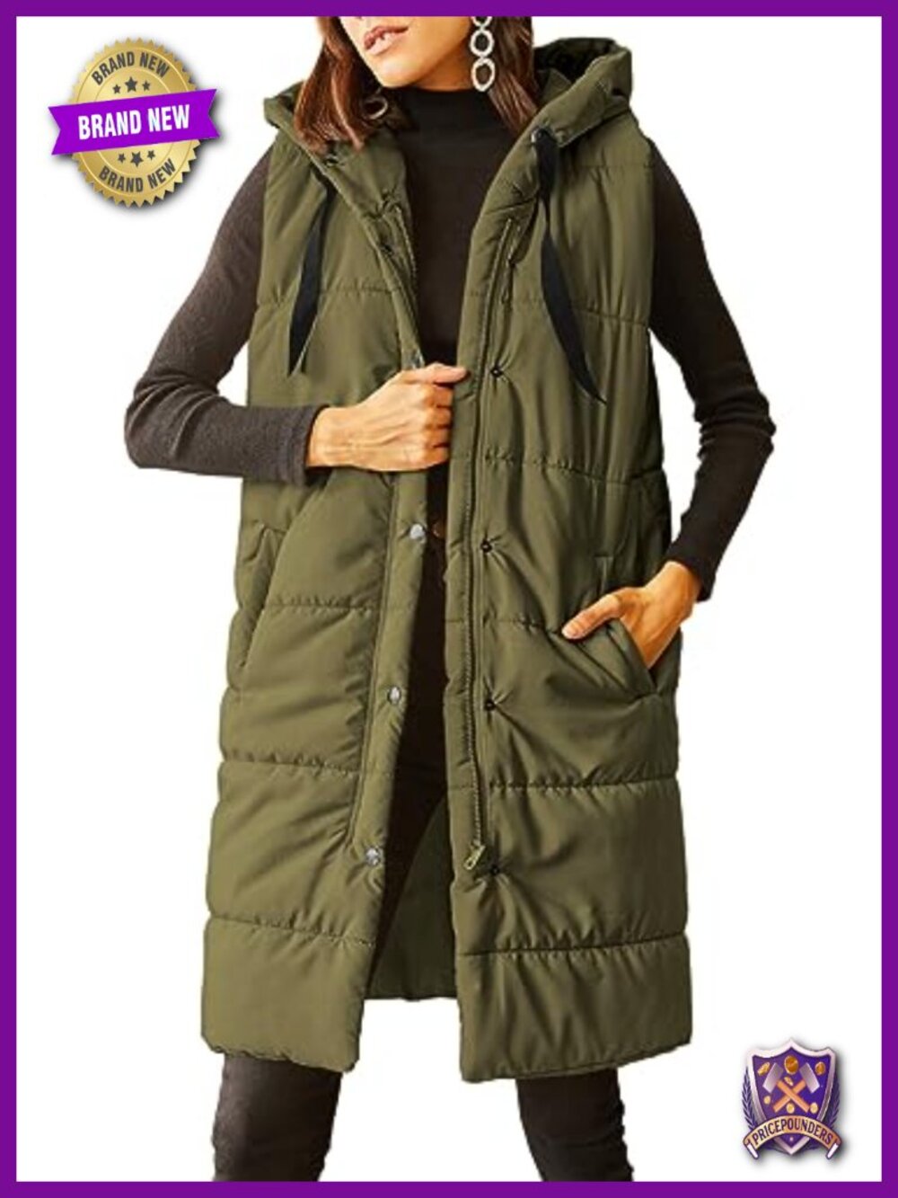 Women's Long Quilted Puffer Vest Sleeveless Hooded Button Down Padded Coat